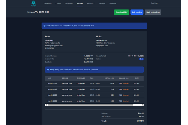 A screenshot of the VitaLink billing and invoicing system