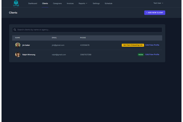 A screenshot of a client profile in VitaLink